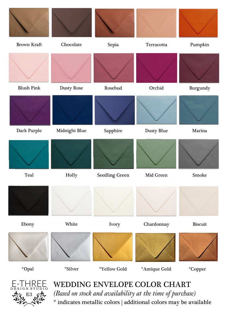 May include: Color chart showing 20 different envelope colors for weddings. The colors are arranged in rows and columns, with each color labeled with its name. The chart also includes a note that indicates metallic colors and that additional colors may be available.