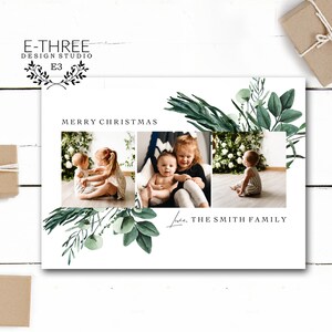 Grüne Weihnachtskarte, Moderne Weihnachtskarte, Minimalistische Weihnachtskarte, 3 Foto-Urlaubskarte, gedruckt oder digital
