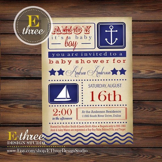 Nautical Baby Shower Invitation Vintage Sailboat Baby Boy Shower