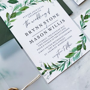 Greenery Wedding Invitation Suite, Watercolor Greenery Wedding Invitations with Vellum and Wax Seal, Brynn Collection image 5