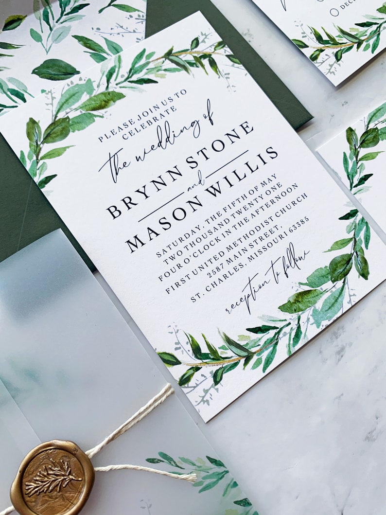 Greenery Wedding Invitation Suite, Watercolor Greenery Wedding Invitations with Vellum and Wax Seal, Brynn Collection image 5