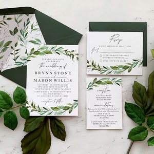 Greenery Wedding Invitation Suite, Watercolor Greenery Wedding Invitations with Vellum and Wax Seal, Brynn Collection image 4