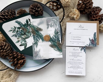 Winter Greenery Wedding Invitation Suite, Pinecone Greenery Christmas Wedding, Inviti stampati, Velina e sigillo di cera, Collezione Ember