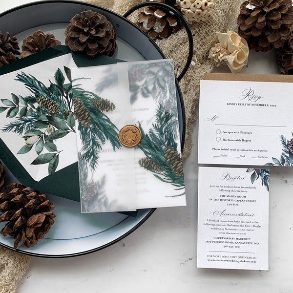 Winter Greenery Wedding Invitation Suite, Pinecone Greenery Christmas Wedding, Printed Invitations, Vellum and wax seal, Ember Collection