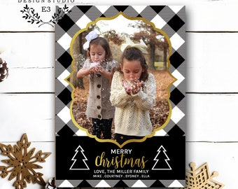 Black and White Plaid Christmas Card - Photo Christmas Card - Gold and Black Holiday Cards with Family Photo