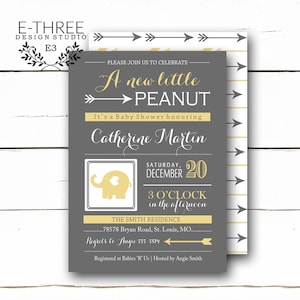 Elephant Shower Invitation - Baby Shower - Yellow and Gray - Gender Neutral  - Little Peanut Invite