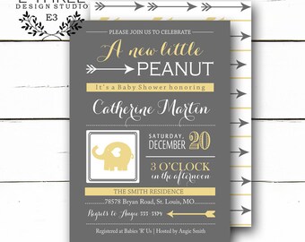 Elephant Shower Invitation - Baby Shower - Yellow and Gray - Gender Neutral  - Little Peanut Invite