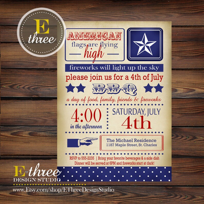 4th of July Party Invitation Vintage Fourth of July Invites Red, White, & Blue BBQ Independence Day image 2