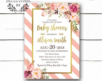 Floral Baby Girl Shower Invitations - Pink Girl Baby Shower Invitation - Flowers and Greenery - Floral Pink and Gold - Gold Foil - Invites