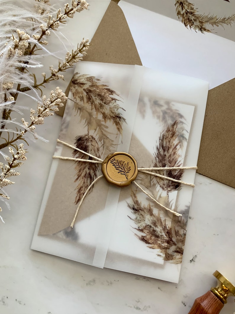 Pampas Grass Wedding Invitations Suite with Vellum and Wax Seal, Fall Foliage Wedding Invitation, Printed Invitations, Ella Collection image 3