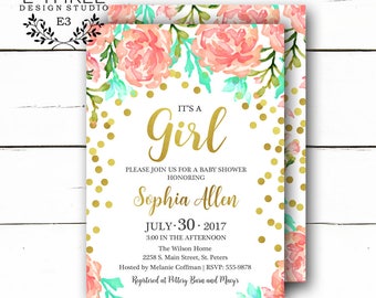 Gold Confetti Baby Shower Invitation - Girl Baby Shower Invitations - Coral, Mint & Gold Floral invite