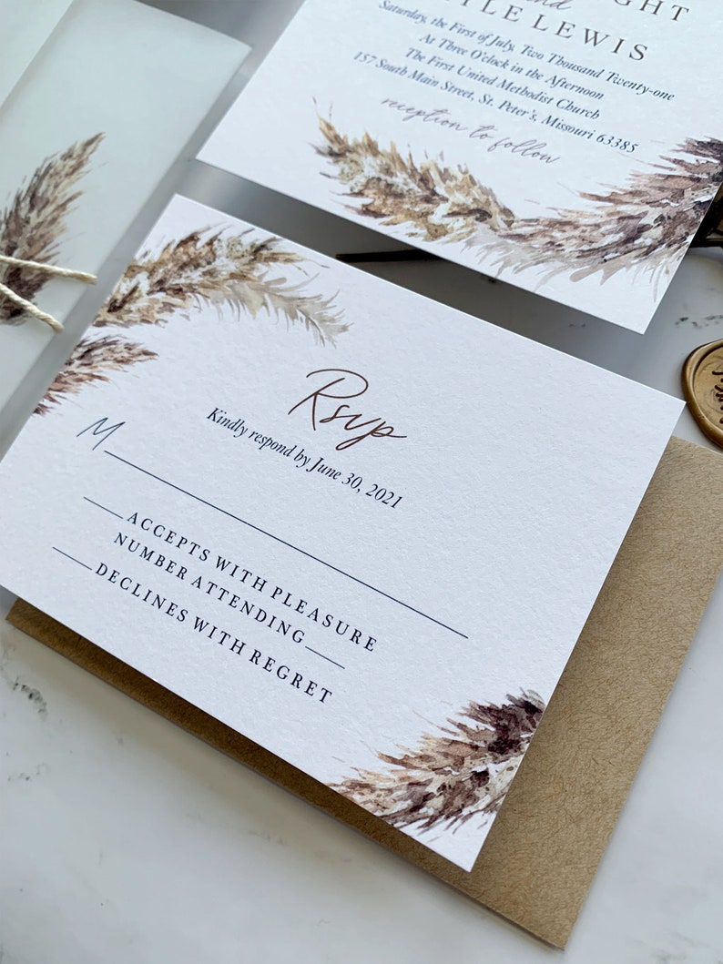 Pampas Grass Wedding Invitations Suite with Vellum and Wax Seal, Fall Foliage Wedding Invitation, Printed Invitations, Ella Collection image 8