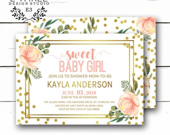 Pink and Gold Baby Shower Invitations - Baby Girl Shower Invitation - Floral - Gold Foil Confetti - Sweet Baby Girl Shower Invites - Flowers