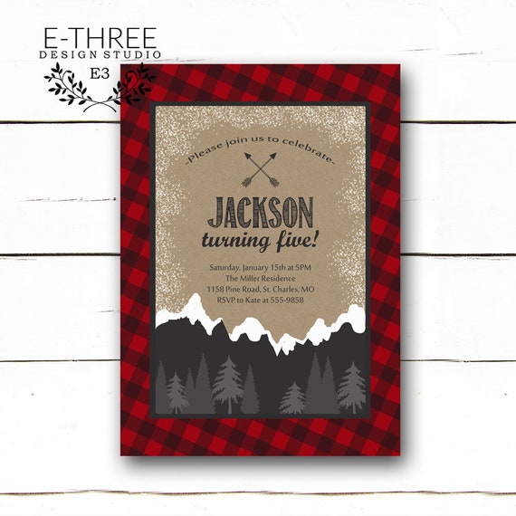 Buffalo Plaid Birthday Party Invitation - Rustic Lumberjack Party, Mountain Winter Party Invite