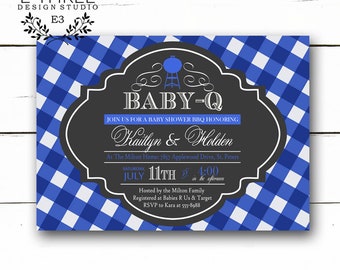 Baby Shower BBQ Invitation - Boy's Shower Invite - Baby Q - Royal Blue, Gray, White Gingham Shower Invite #1039