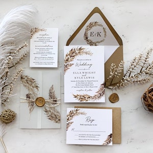 Pampas Grass Wedding Invitations Suite with Vellum and Wax Seal, Fall Foliage Wedding Invitation, Printed Invitations, Ella Collection image 1