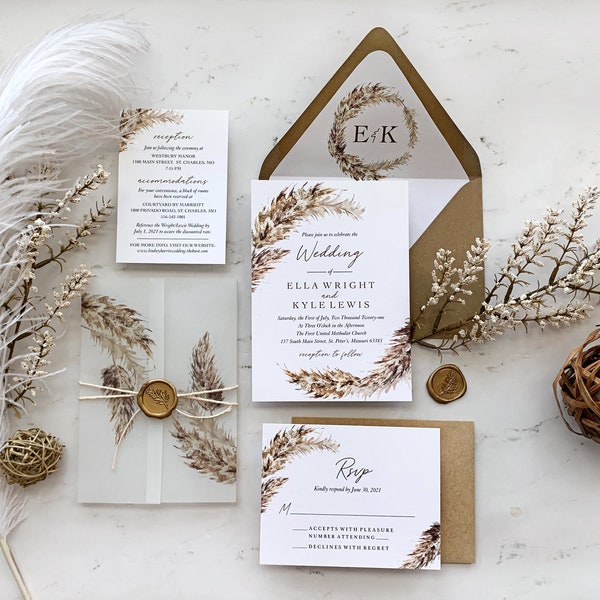 Pampas Grass Wedding Invitations Suite with Vellum and Wax Seal, Fall Foliage Wedding Invitation, Printed Invitations, Ella Collection