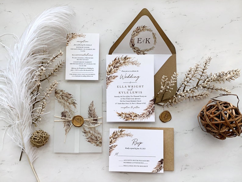 Pampas Grass Wedding Invitations Suite with Vellum and Wax Seal, Fall Foliage Wedding Invitation, Printed Invitations, Ella Collection image 1