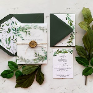 Greenery Hochzeitseinladung, Aquarell Greenery Hochzeitseinladungen mit Vellum und Wachssiegel, Brynn Collection
