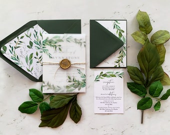 Greenery Wedding Invitation Suite, Acquerello Greenery Inviti di nozze con pergamena e sigillo di cera, Collezione Brynn