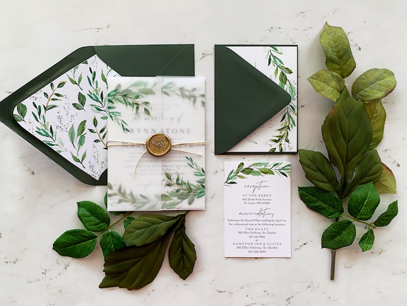 Greenery Wedding Invitation Suite, Watercolor Greenery Wedding Invitations with Vellum and Wax Seal, Brynn Collection image 1