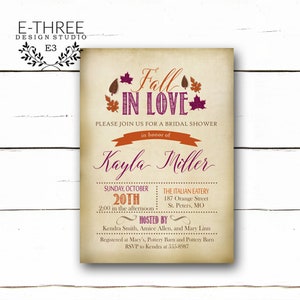 May include: Fall in Love bridal shower invitation with a rustic background and autumn leaves in shades of orange, red, and purple. The invitation includes the date, time, location, and RSVP information.