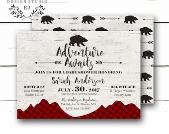 Rustic Adventure Awaits Baby Shower Invitation, Plaid Bear Baby Shower Invitation, Digital or Printed Cards