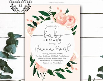 Blush Pink Floral and Greenery Baby Girl Shower Invitation - Rustic Wreath