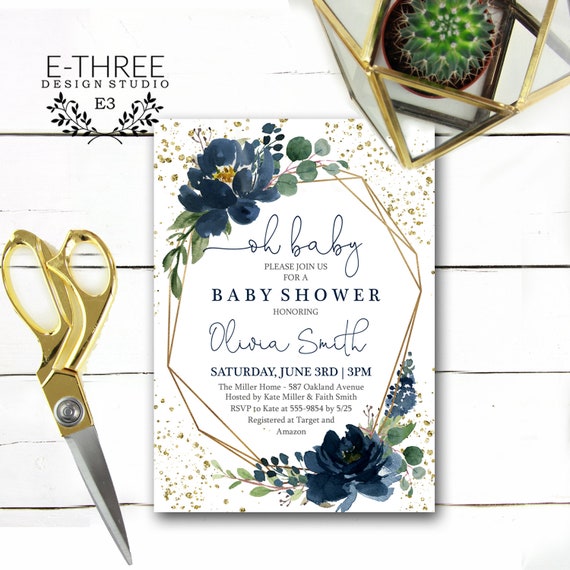 Navy Gold Boy Baby Shower Invitation Geometric Frame Greenery and Blue  Flowers Glitter Digital or Printed