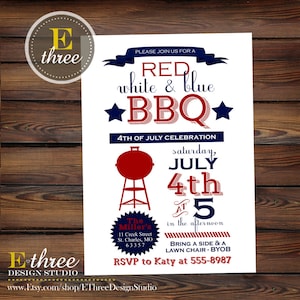 May include: Red, white and blue 4th of July BBQ invitation with a grill graphic, stars, and the text "Saturday, July 4th at 5 in the afternoon".