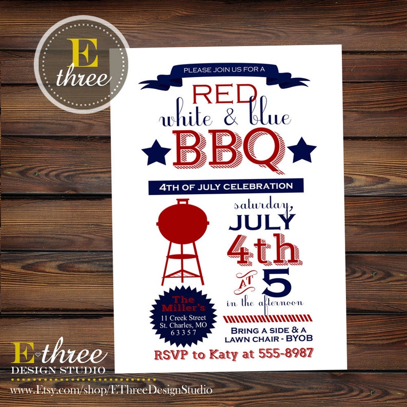 May include: Red, white and blue 4th of July BBQ invitation with a grill graphic, stars, and the text "Saturday, July 4th at 5 in the afternoon".