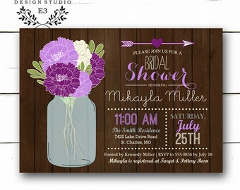 Rustic Purple Bridal Shower Invitations - Flowers, Wood and Mason Jar Shower Invite - Lavender and Teal Wedding Shower #1072