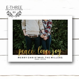 Gouden en witte kerstfotokaart - grote foto kerstkaart - Peace Love Joy kerstkaart - moderne kerstkaarten - eenvoudig en elegant