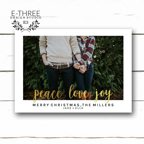 Gold and White Christmas Photo Card - Large Picture Holiday Card - Peace Love Joy Holiday Card - Modern Holiday Cards - Simple and Elegant