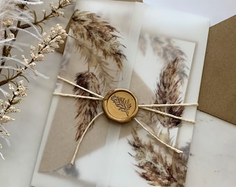 Pampas Grass Vellum Wrap e Wax Seal Add on per Ella Collection Wedding Invitation Suite