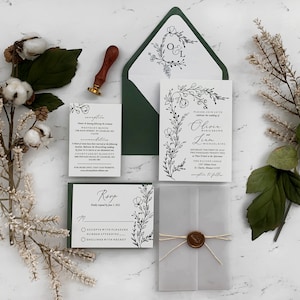 Hand Drawn Greenery Wedding Invitation Suite, Botanical Wedding Invitations, Vellum Wedding Invitation Set, Drawn Foliage Printed Invites image 4