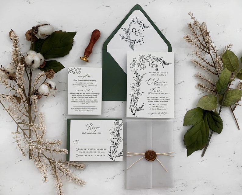 Hand Drawn Greenery Wedding Invitation Suite, Botanical Wedding Invitations, Vellum Wedding Invitation Set, Drawn Foliage Printed Invites 画像 4