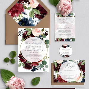 Burgundy Navy Blush Floral Wedding Invitation Suite with Gold Accents, Watercolor Floral Wedding Invite, RSVP Details, Claire Collection