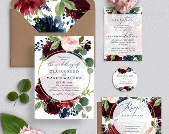 May include: Wedding invitation suite with a burgundy, blush, and navy floral design. The invitation features a gold circle with the text "the wedding of Claire Reed and Mason Walton" and the date "Oct 6, 2019". The reception card features the text "reception at The Abbey" and the text "accommodations".