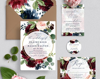 Burgundy Navy Blush Floral Wedding Invitation Suite with Gold Accents, Watercolor Floral Wedding Invite, RSVP Details, Claire Collection