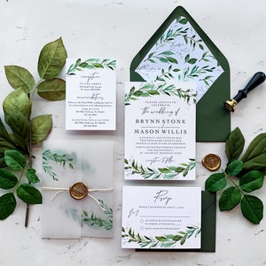 Greenery Wedding Invitation Suite, Watercolor Greenery Wedding Invitations with Vellum and Wax Seal, Brynn Collection image 2