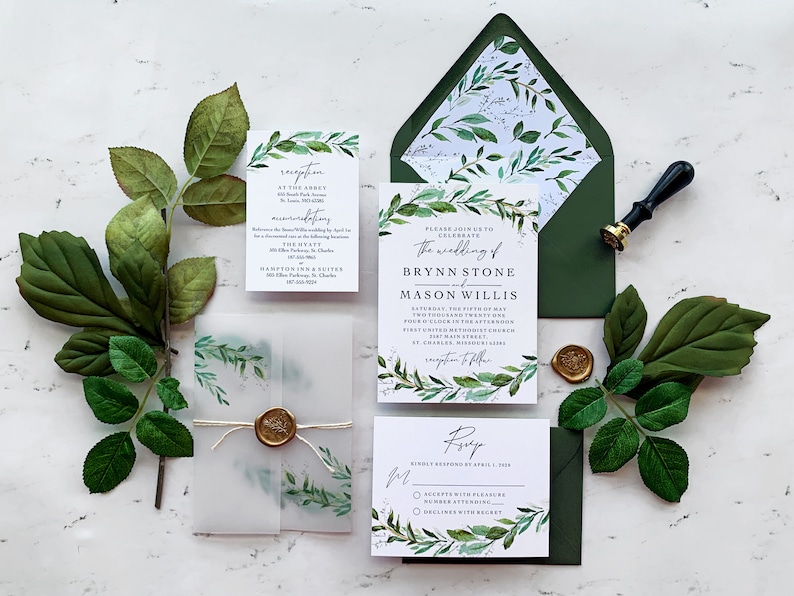 Greenery Wedding Invitation Suite, Watercolor Greenery Wedding Invitations with Vellum and Wax Seal, Brynn Collection image 2