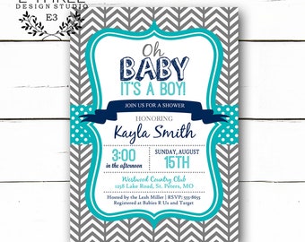 Hipster Baby Shower Invite - Modern Baby Boy Shower Invitation - Navy, aqua, gray - Chevron and Polka dots