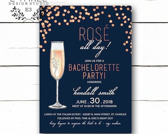 Bachelorette Party Invitations - Rosé All Day Bachelorette Party Invites - Rose Gold and Navy Blue - Champagne and Confetti - Rose Wine