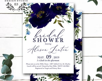 Navy Blue Floral Bridal Shower Invitation - Large Flowers and Greenery Wedding Shower Invite