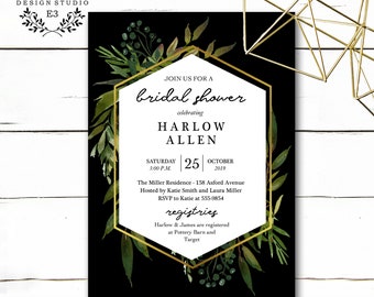 Elegant Greenery Bridal Shower Invitation - Black and Gold Wedding Shower Invitation