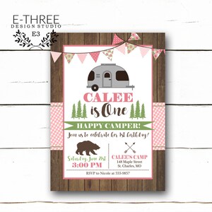 Camping Party Invitation - Girl 1st Birthday Party Invitation - Pink and Green Woodland - Camper - Country Shabby Chic