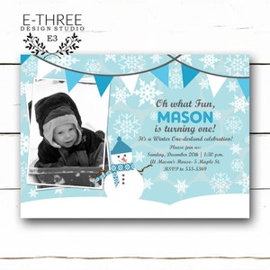 Junge Winter Onederland Einladung - Kinder 1. Geburtstag Winter Party lädt - blau Winter Wunderland Schneemann Party mit Foto