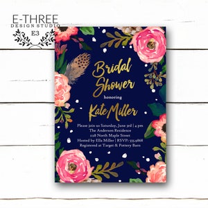 Boho Floral Bridal Shower Invitations - Navy, Pink, Gold Wedding Shower Invitation - Flowers and Feathers Invite - Gold Foil - Watercolor