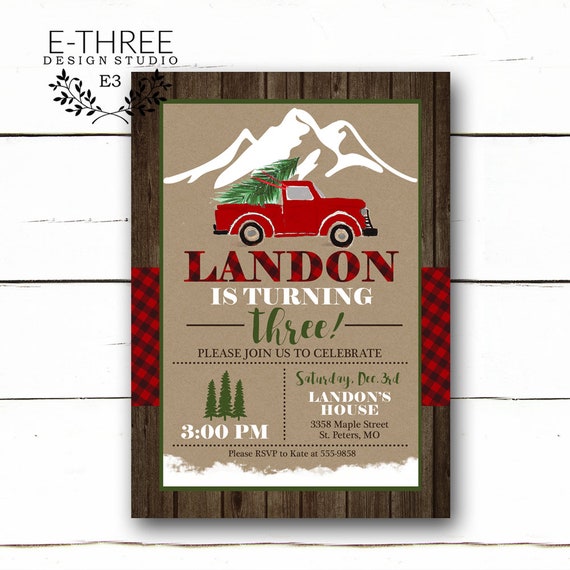 Winter Birthday Party Invitation - Plaid Christmas Birthday Party Invitation - Christmas Tree and Truck Birthday Invite - Kid's Party